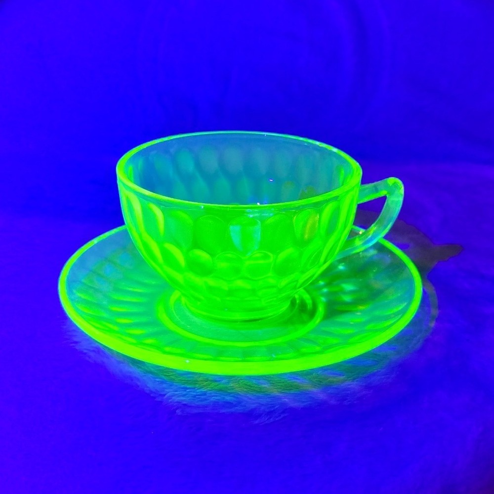 Vintage Federal Glass Uranium Thumbprint Tea Cup and Saucer Set Glows